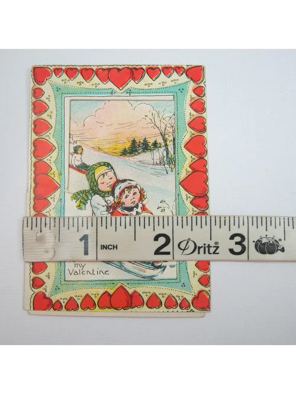 Vintage Valentine Die cut Fold 3D Card Girl Boy Snow Sledding 1920s-30s UNSIGNED